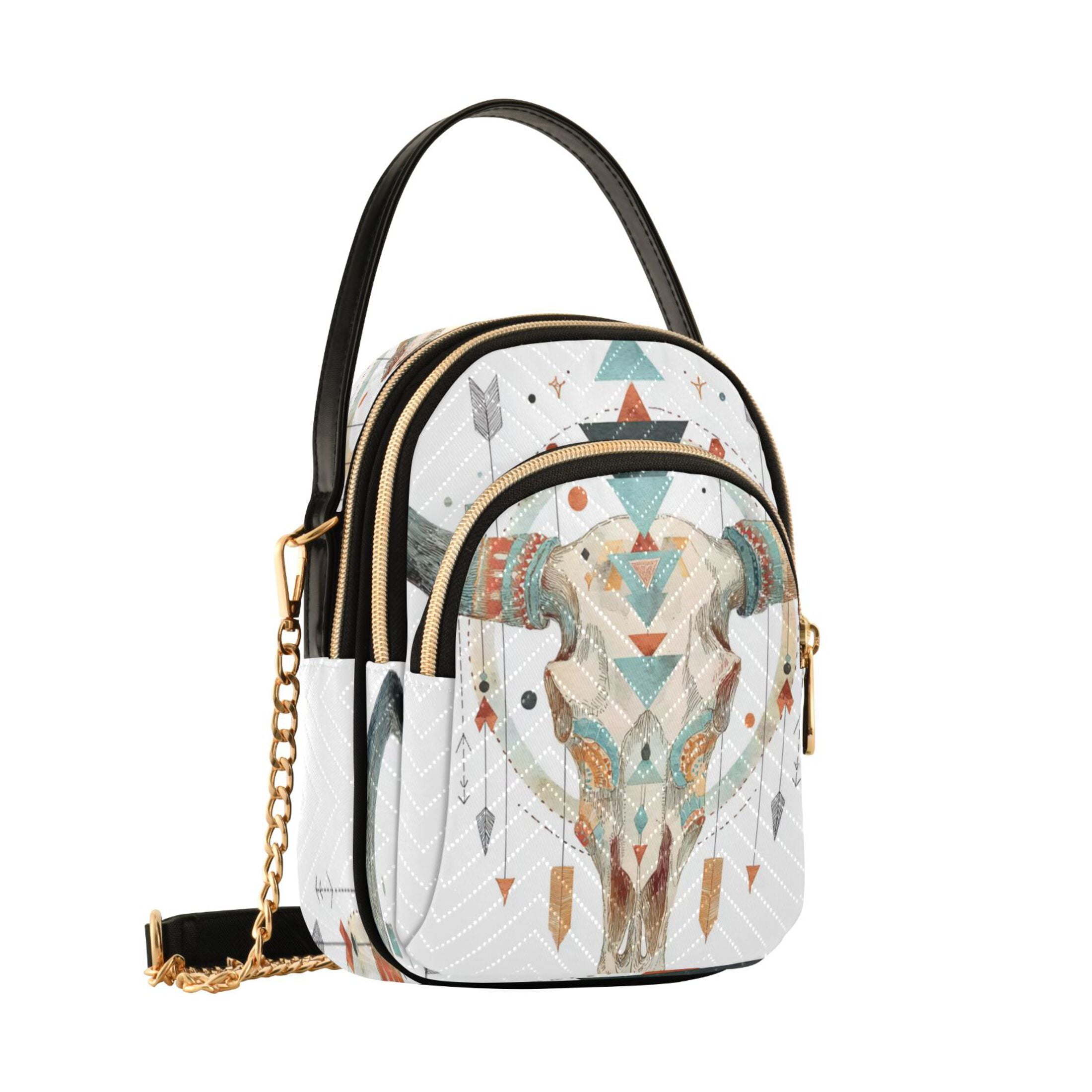 IAUYY Small Crossbody Bags for Women 15*21*8cm Leather Purses for Women Removable Strap with 3 Zipper Pocket Applicable to Birthday Gifts for Women,Bull Skull