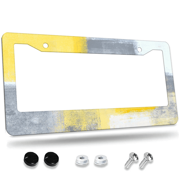 1 Pcs Yellow Gray Abstract Painting License Plate Frame, License Plate Cover for Car Decorative Parts, Aluminum License Plate Bracket Holder Rust-Proof Weather-Proof for US Standard Car