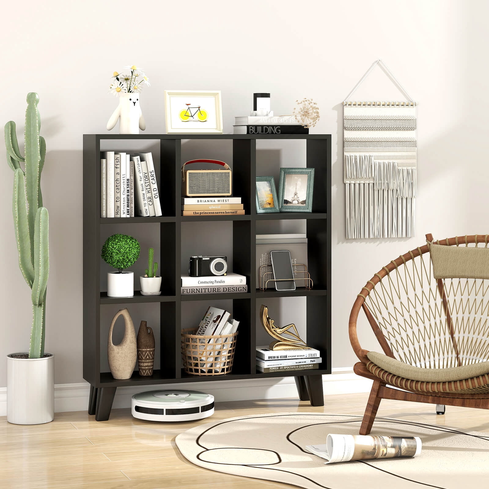 Costway 9-Cube Bookcase with 6 Removable Shelves Raised Support Feet for Living Room Black