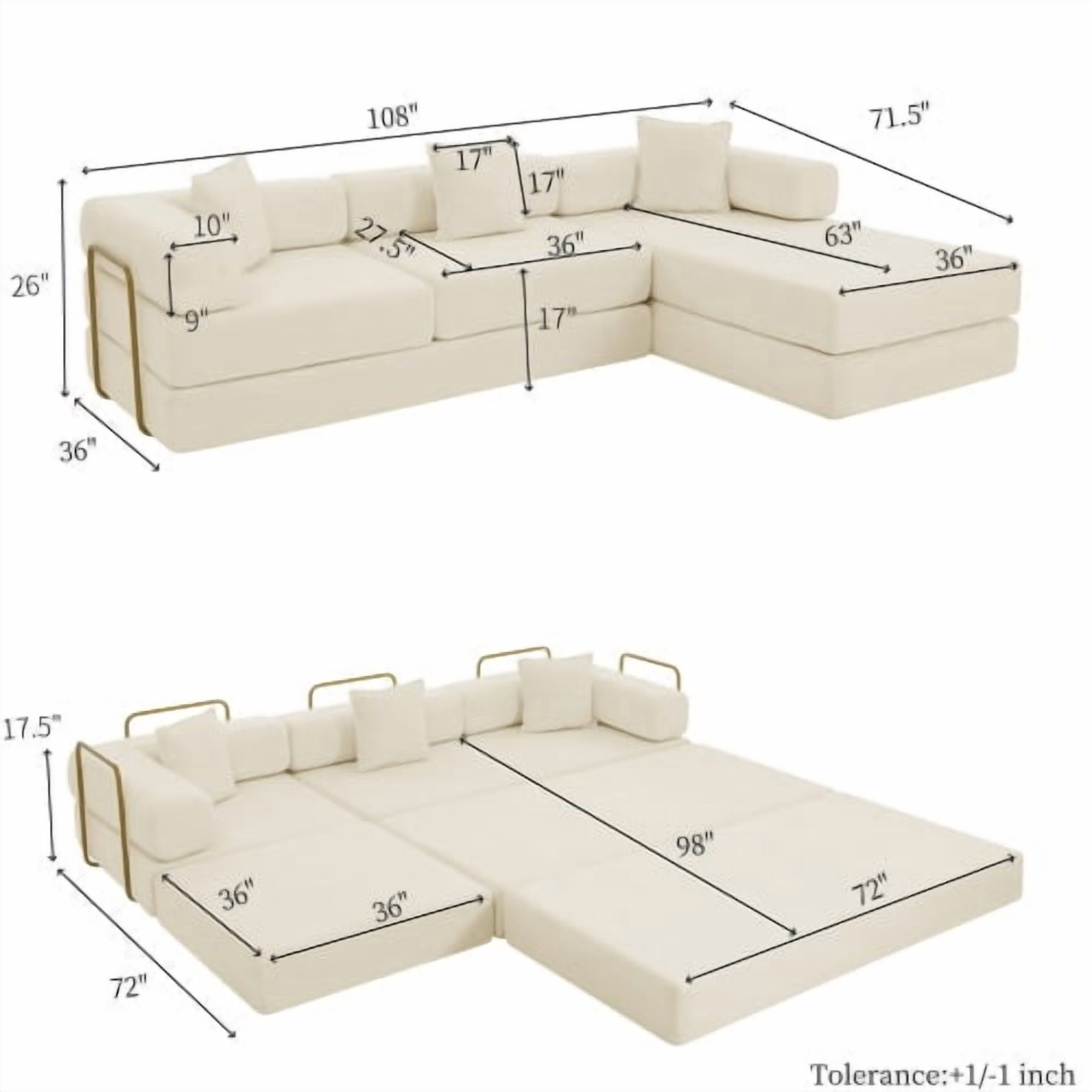 108" Modular Sectional Sofa with L-Shape Chaise, Convertible Sleeper Sofa Bed, Corduroy Cloud Couch with Deep Seat, No Assembly Required, Removable Backrest, Beige