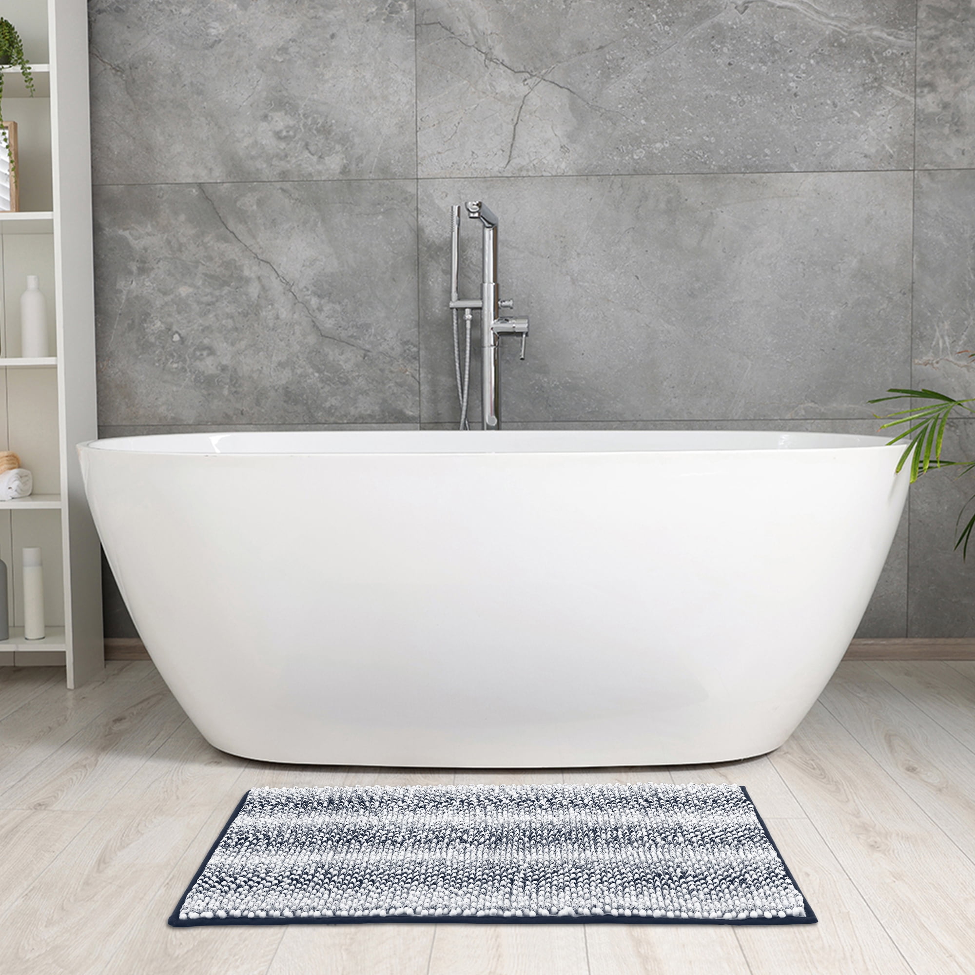 Unique Bargains Chenille Bathroom Rug Absorbent Non-Slip Striped Plush Shaggy Bath Rugs Dark Blue 16" x 24"