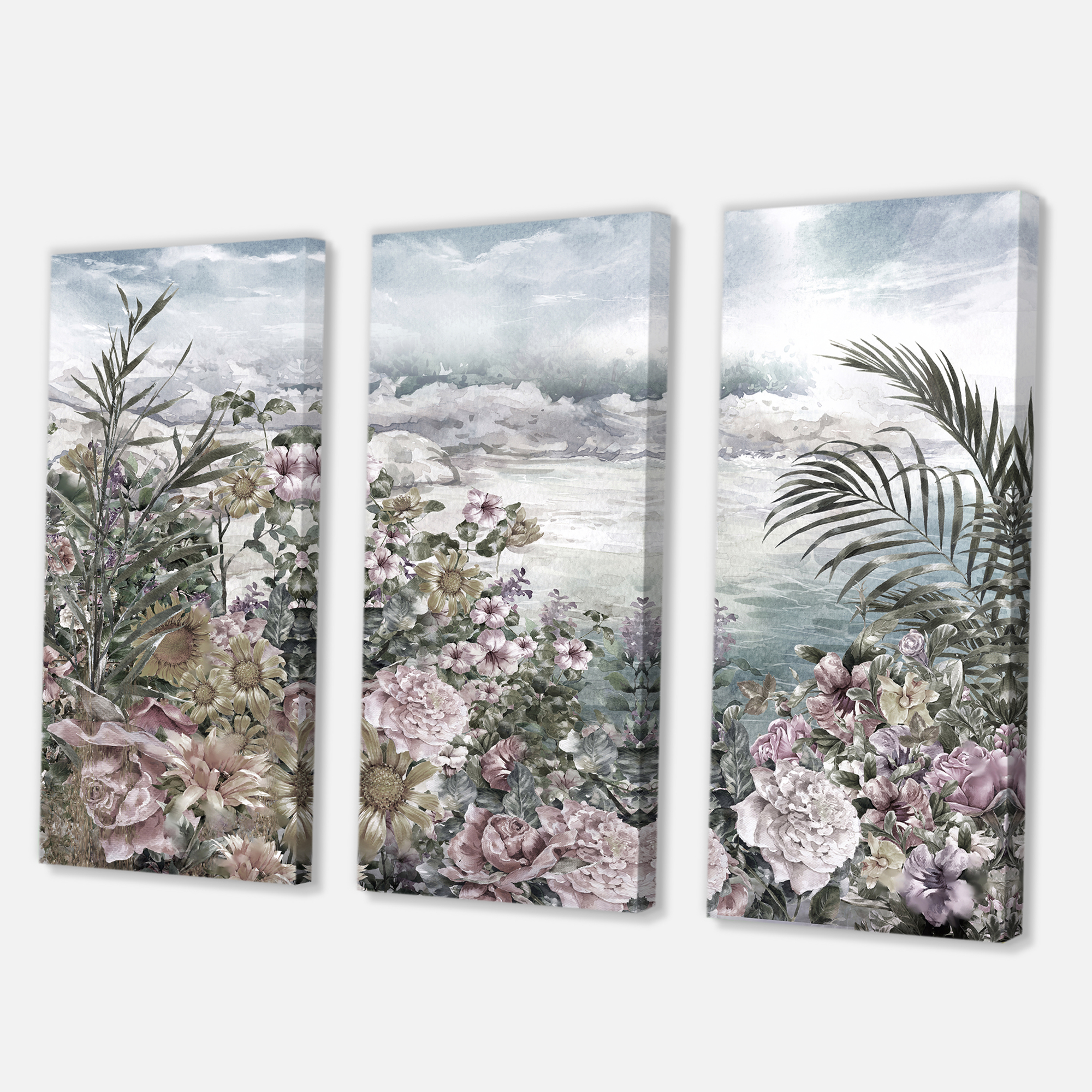 Designart ' Abstract Retro Flowers By The Sea Side ' Vintage Canvas Wall Art Print
