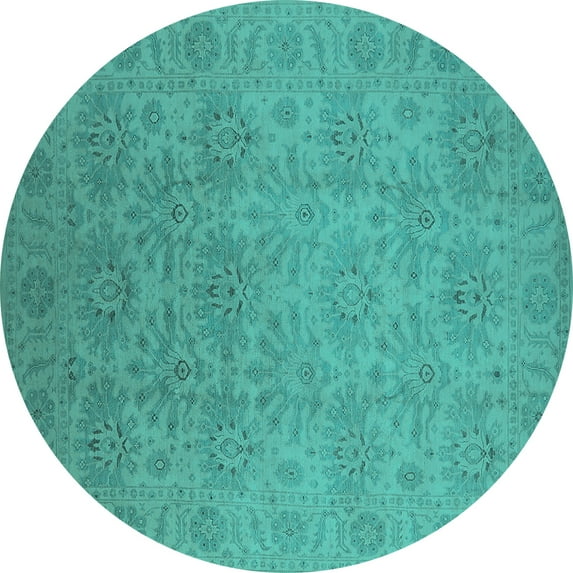 Ahgly Company Machine Washable Indoor Round Oriental Turquoise Blue Industrial Area Rugs, 6' Round