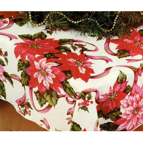 Christmas Tablecloth Polyester Fabric features Blooming Poinsettias. off-white background, 70 inch Round