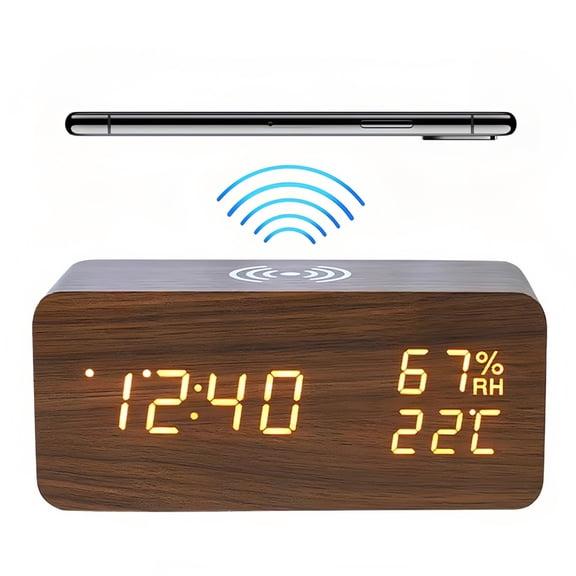 Lancoon Digital Alarm Clock with LED Wireless Charging Temperature and Humidity Display 3 Alarms Adjustable Brightness Sound Control for Bedroom Home Office (Brown)