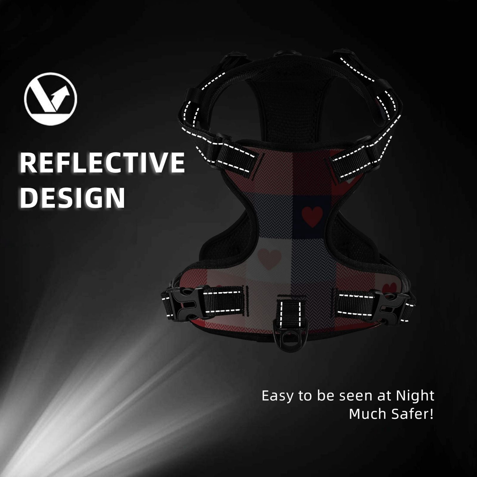 Fuzoiu Heart Plaid Print Reflective Dog Harness,Adjustable, Breathable Pet Vest,Dog Harness No Pull,No Choke Pet Vest for Small, Medium, and Large Dogs-Medium