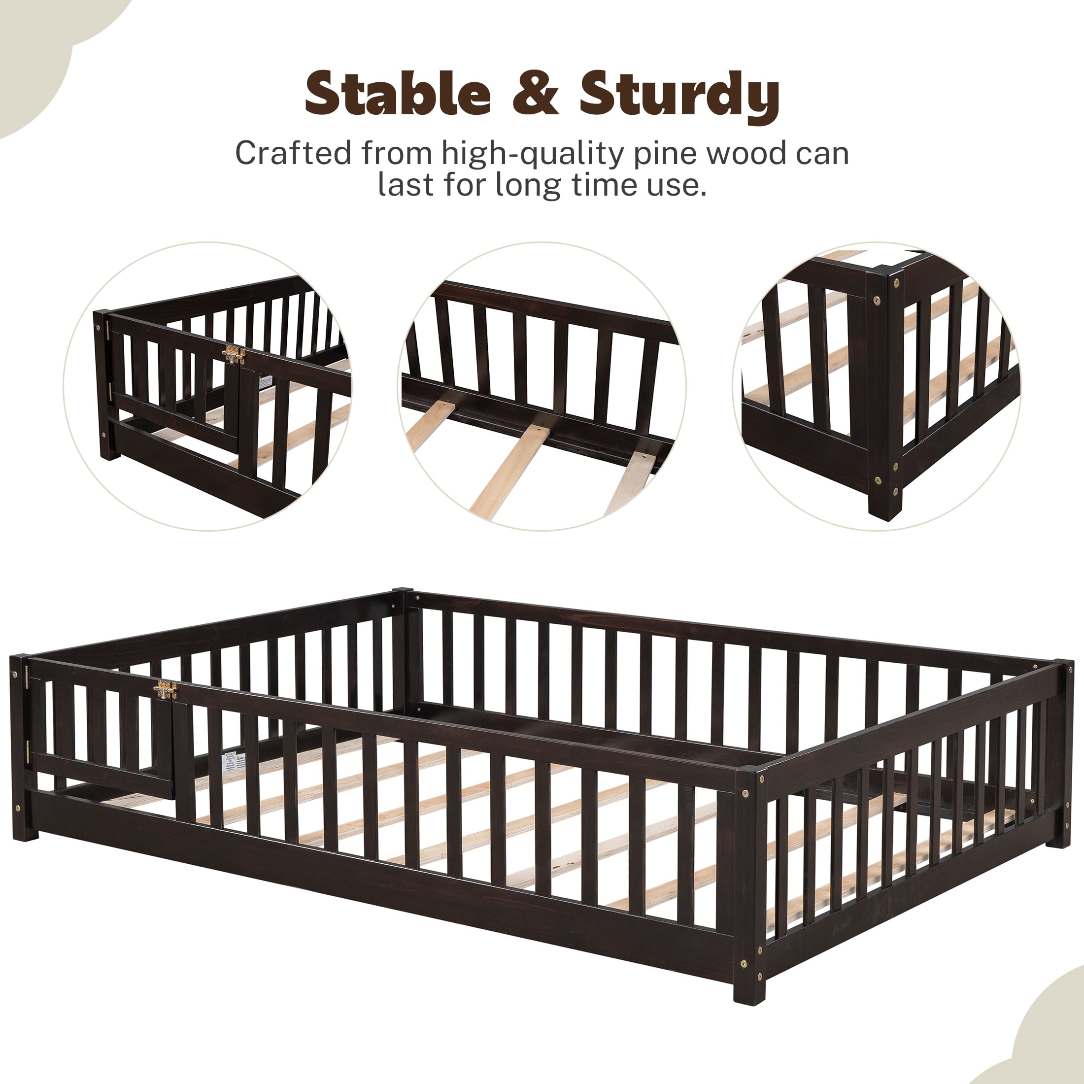PAPROOS Full Montessor Floor Bed, Solid Wood Toddler Bed with Safety Guardrail and Door, Easy Assembly, Low-to-Floor Bed Frame with Slats for Kids, Espresso
