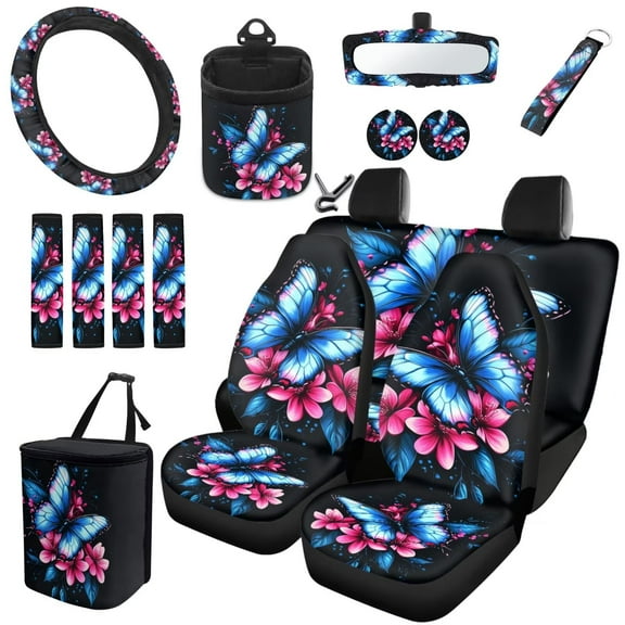 Garronmavis 15pcs Automobile Interior Sets Butterfly Flower Car Front and Rear Seat Cover Steering Wheel Cover Seat Belt Cover Coasters Rearview Mirror Cover Car Garbage Can