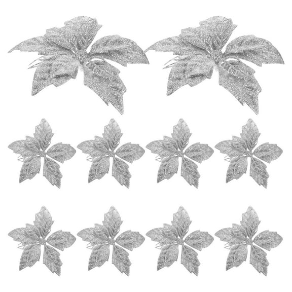 LOLIPPYY 10Pcs Xmas Silver Poinsettia Artificial Flowers for Christmas Tree and Wreath Decoration