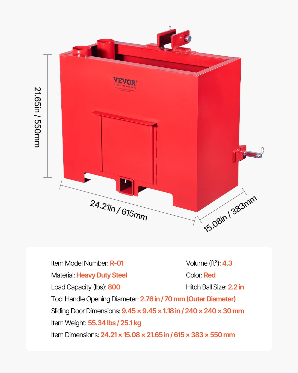 VEVOR Ballast Box, 3-Point Category 1 Tractor Ballast of 800lbs Capacity, for 2 Inch Hitch Receiver, Heavy-Duty Steel 4.3 ft³ Large Volume Loader Attachment with Sliding Door, Red