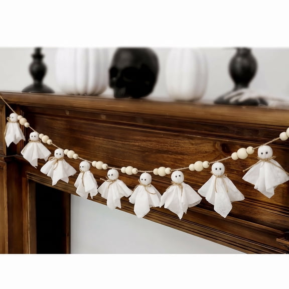 TETOU 4Ft Cute Halloween Ghost with Wooden Beads Garlands, Hanging Ghost Garland for Vintage Halloween Party Wall Home Indoor Outdoor Spring Decor Supplies