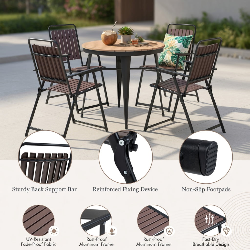 Hommoo 4-Pack Heavy-Duty Folding Patio Chairs, Breathable PP Seat & Back, Compact Foldable Design for Backyard, Balcony & Porch, Coffee Brown