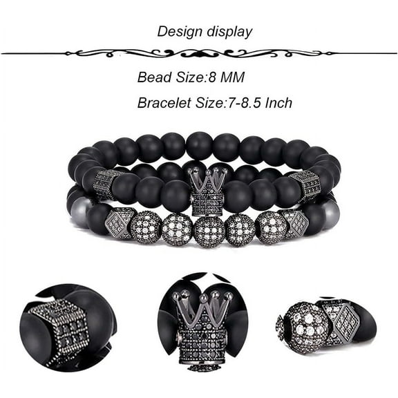 DASAW-4Pcs 8mm Crown King Charm Beads Bracelet for Men Women Natural Black Matte Onyx Stone Beads Elastic Adjustable