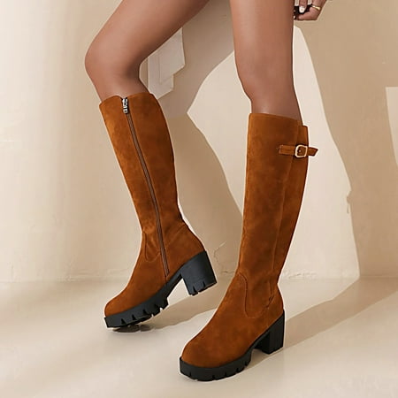 

Women Fashion And Leisure Knee High Boots Zip Up High Chunky Heeled Boots Casual Shoes
