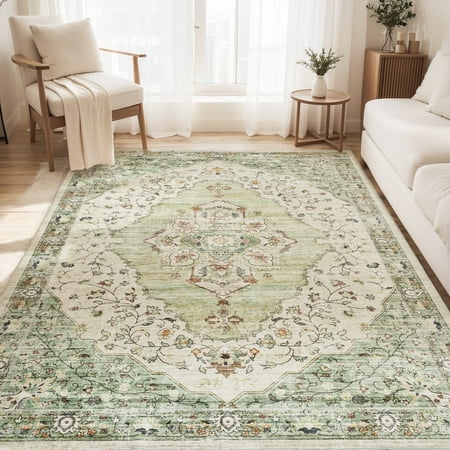 VUNATE 8x10 Rugs for Living Room Washable Rugs Floral Vintage Area Rug Botanical Indoor Carpet Soft Rugs for Bedroom Office Dining Room Kitchen Laundry Room Accent Rug Contemporary Home Decor Green