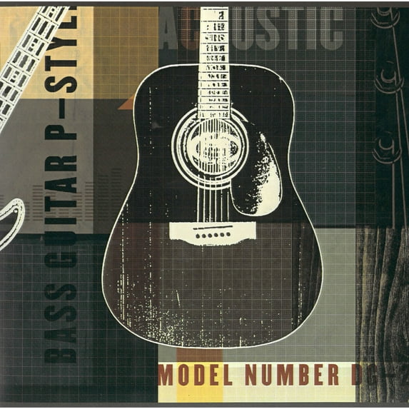 Dundee Deco Prepasted Wallpaper Border - Music Brown, Beige, Green Guitars, 15 ft X 8 in