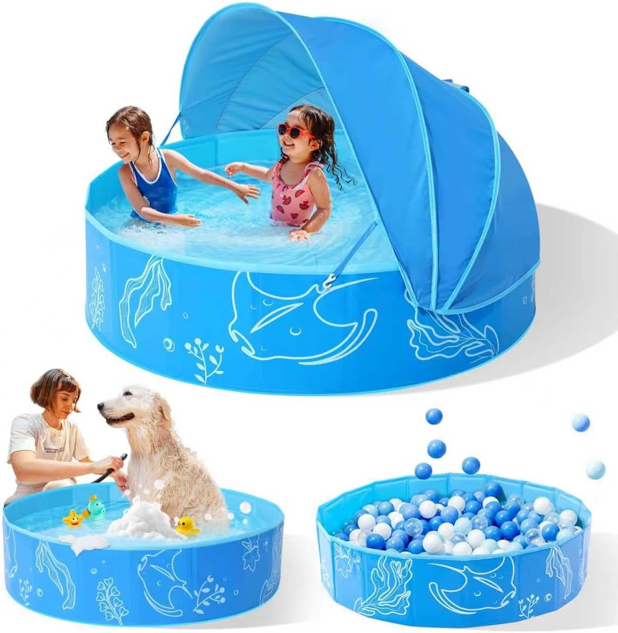 Foldable Kiddie Pool with Canopy: 31.5in/ 47in /63in for Baby Toddler Kids Family - Summer Water Play Pool with Shade - Portable for Outdoor Backyard Beach (Blue-Blue, 63in)