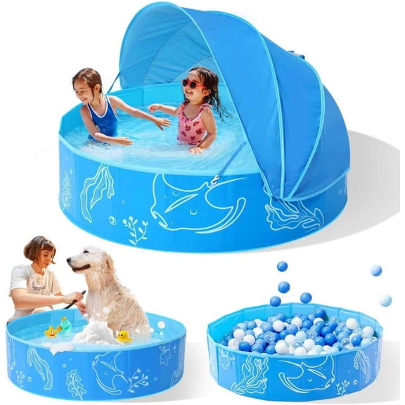 Foldable Kiddie Pool with Canopy: 47in for Family - Summer Water Play Pool with Shade - Portable for Outdoor Backyard Beach (Blue-Blue, 47in)