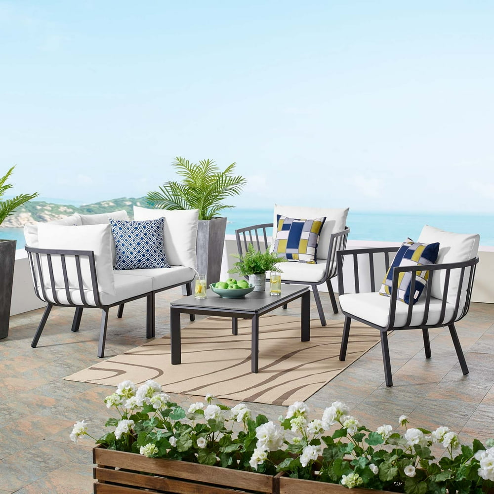 Modway Riverside 5 Piece Outdoor Patio Aluminum Set, Black/White