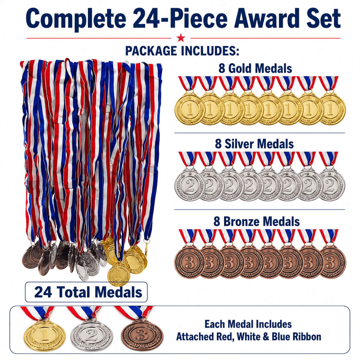 Gold Silver Bronze Award Medals, 1st 2nd 3rd Award Medals Metal Winner Medals Prizes for Sports, Competitions, Olympic Style 2 Inches 24 Pieces