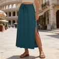 thumbnail image 3 of Linen Straight Maxi Skirt for Women Elastic High Waisted Drawstring Side Slit Casual Long Flowy Skirt with Pockets, 3 of 8
