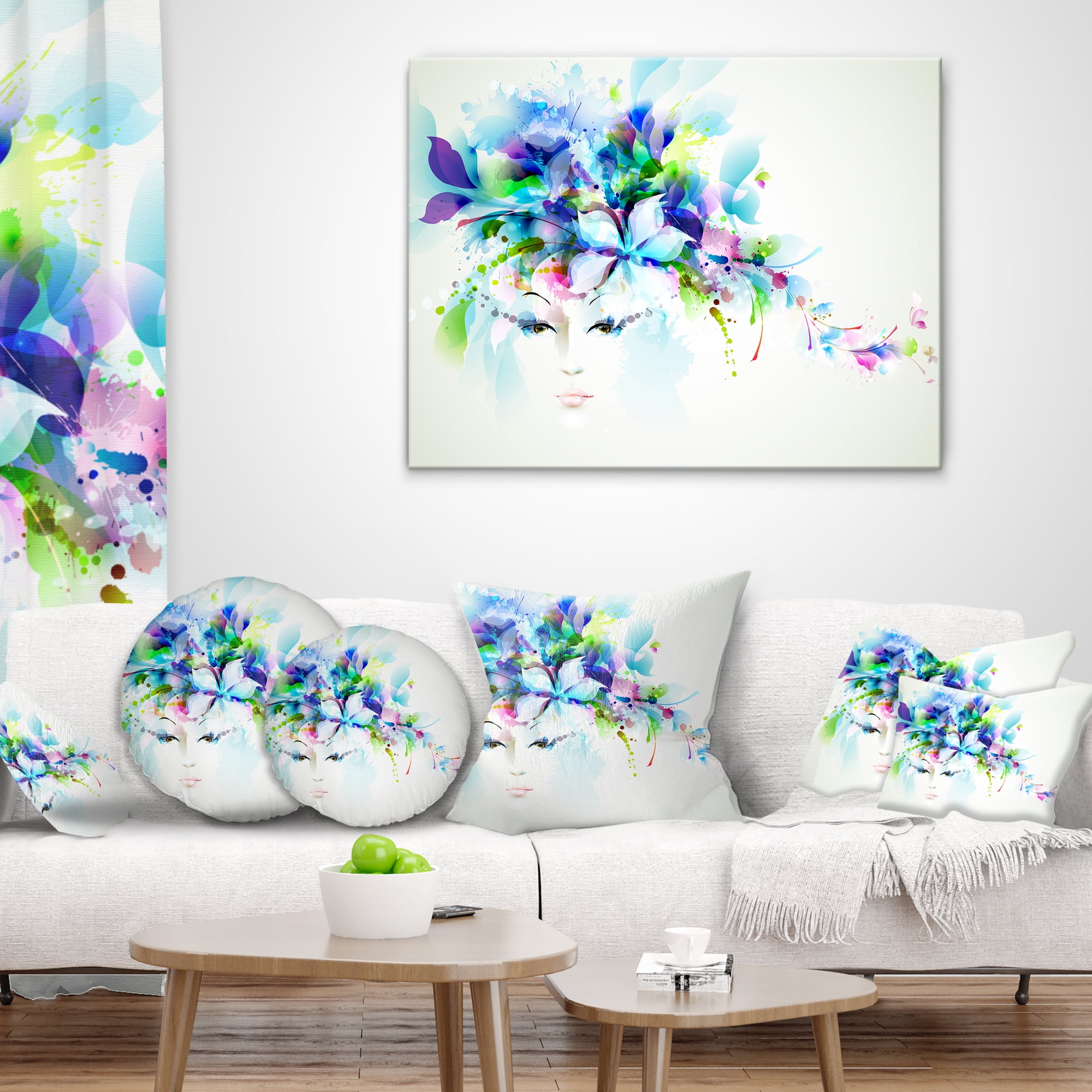 Designart Woman with Blue Flowers - Floral Throw Pillow - 18x18