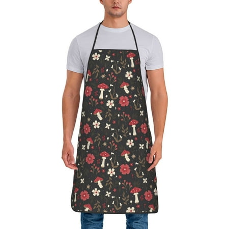 

Wukai Fly Agaric and Flowers Print Aprons Adjustable Bib Aprons Cooking Kitchen Chef Apron for Women and Men