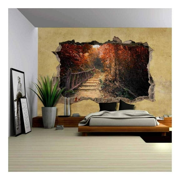 wall26 - Beautiful Autumn View Viewed Through a Broken Wall - Large Wall Mural, Removable Peel and Stick Wallpaper, Home Decor - 66x96 inches