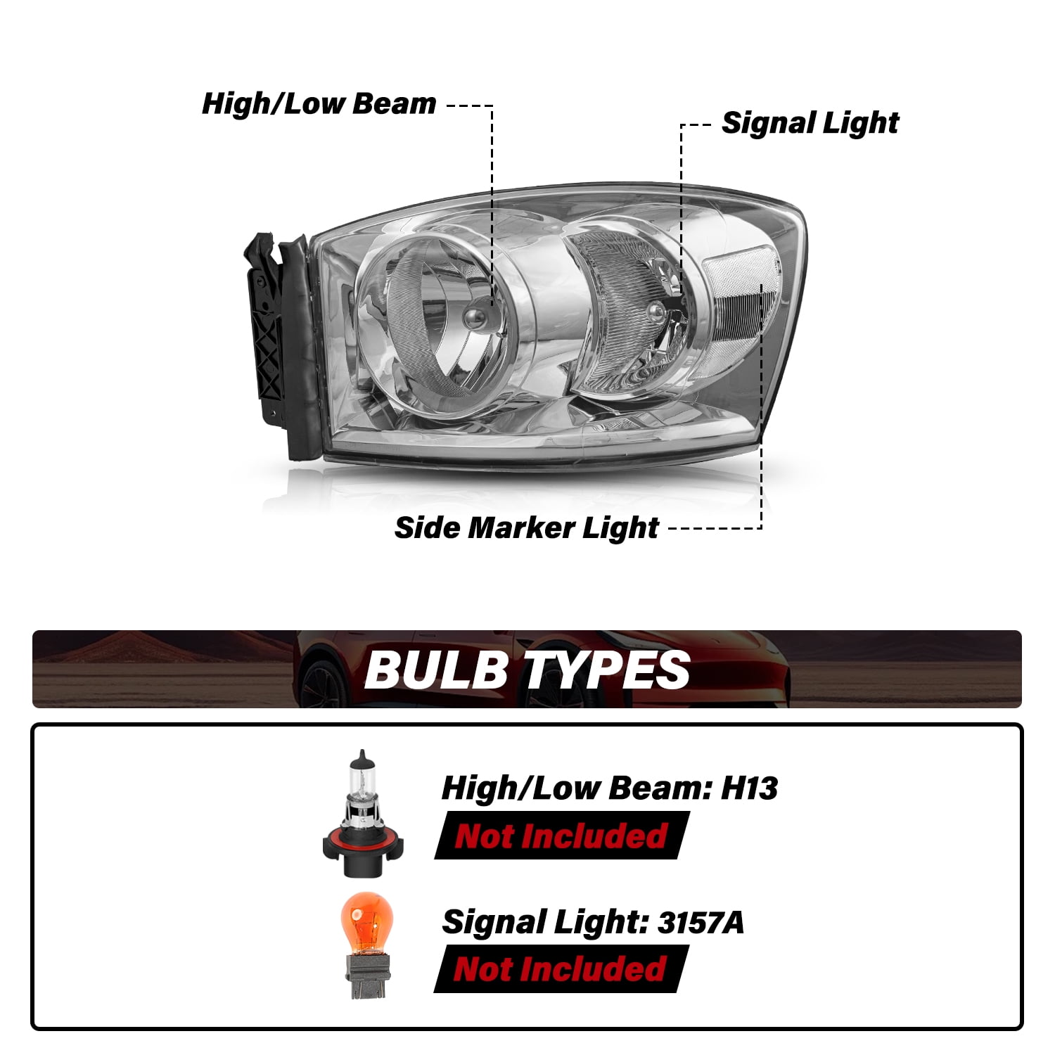 For 2006-2008 Dodge Ram 1500 2500 3500 Pickup Chrome/Clear Headlights Lamps Pair