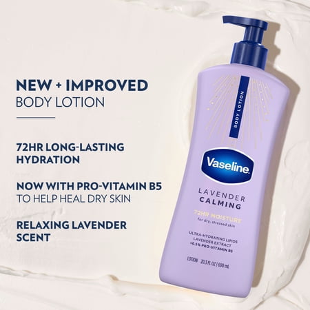 VASELINE LAVENDER CALMING LAVENDER CALMING BODY LOTION FOR DRY SKIN LOTION MADE WITH ULTRA-HYDRATING LIPIDS AND LAVENDER EXTRACT TO HEAL AND RESTORE DRY SKIN, 20.3 FL OZ