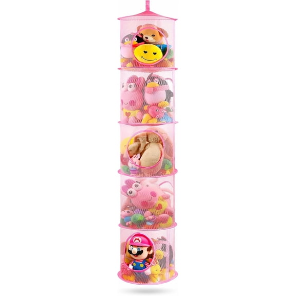 Stuffed Animals Net – 5-Compartment Toy Hammock, Foldable Plush Storage Organizer for Room Decor (Pink)