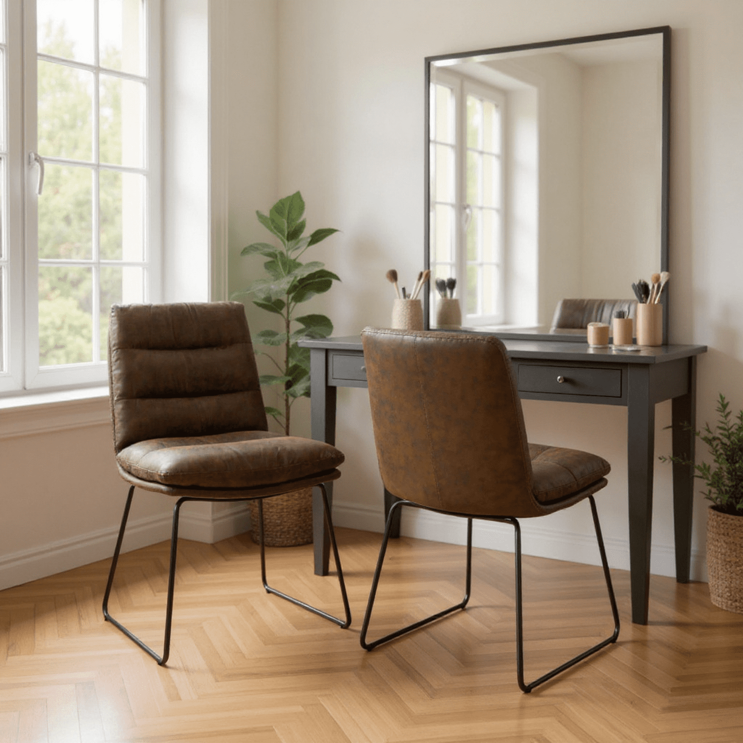 Homy Casa Set of 2 Channel Tufted Faux Leather Dining Chairs with Silver Sled Legs for Kitchen and Dining Room