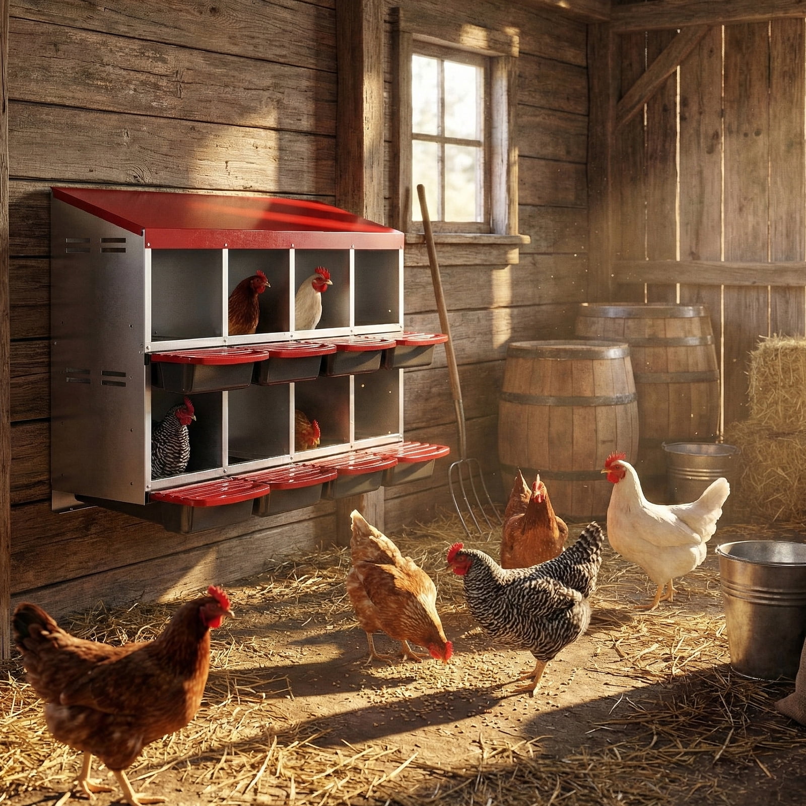 Chicken Nesting Box, 8 Compartment Roll Away Nesting Box for Laying Eggs, Wall Mount Chicken Nesting Boxes, Easy Egg Collection, Cleanable Pull Out Hen Roosting Boxes, 8 Holes, Red