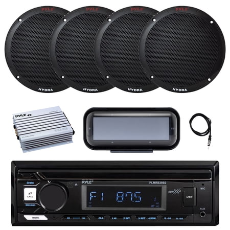 Pyle PLMRB29B2 Single DIN Marine Bluetooth MP3 Player Stereo Receiver Cover 4x 3.5 200 Watt Max Power 3-Way Indoor/Outdoor Audio Speakers Amplifier Radio Antenna