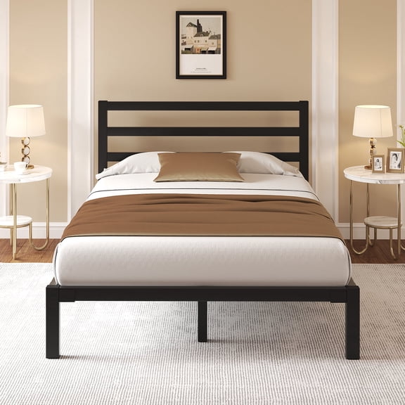 Queen Size Metal Bed Frame, Heavy Duty Platform Bed Frame with Headboard, Under Bed Storage, Strong Metal Slats Support, Black