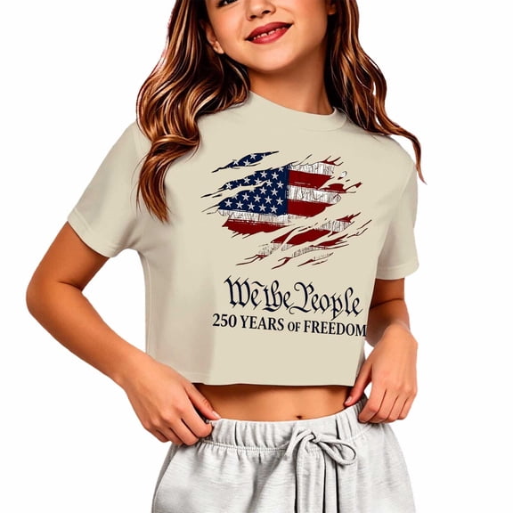 Y-Sunset Girls' 250 Years of Freedom Patriotic Crop Top, Kids "We The People" 4th of July Short Sleeve Tee, Casual Independence Day T-Shirt for Ages 5-14(Beige/9-10 Years)