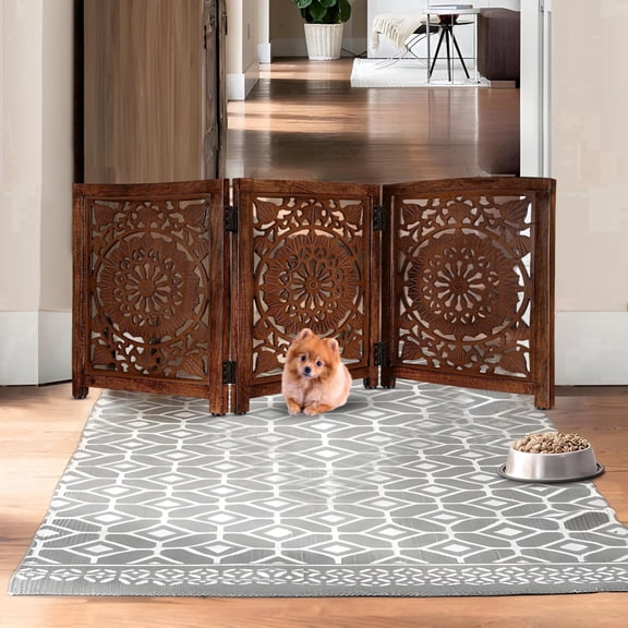Homebia Designs Wooden Dog Gate 24x54 inch, Extra Wide Freestanding Foldable Pet Barrier, Natural Burnt Finish, Indoor Use