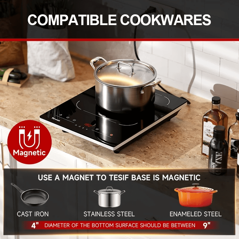 TOPWISH Portable Induction Cooktop, 1600W Single-Burner Electric Hot Plate, 10 Temperature & 10 Power Levels, 110–120V, LED Touch Control, Child Lock & Safety Protection