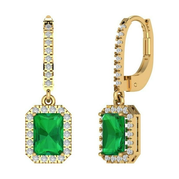 5.8072 ct Lever-Back Drop Dangle Earrings for Women | 7.5X5.5mm Emerald Cut Simulated Emerald | 14K Yellow Gold
