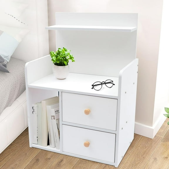 Modern Nightstand End Side Table with Bookshelf for Bedroom Bedside Cabinet Tables with 2 Storage Drawers, White