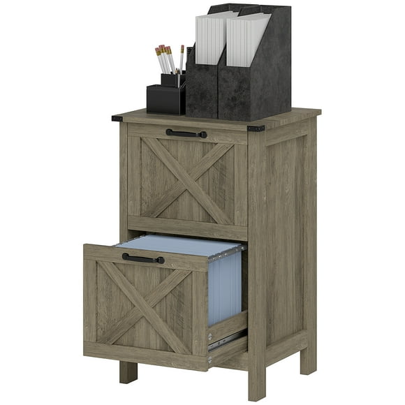 CoSoTower Classeur Vertical avec 2 Tiroirs, Armoire de Rangement de Bureau Rustique Style Ferme pour Format A4, Lettre, Gris Délavé