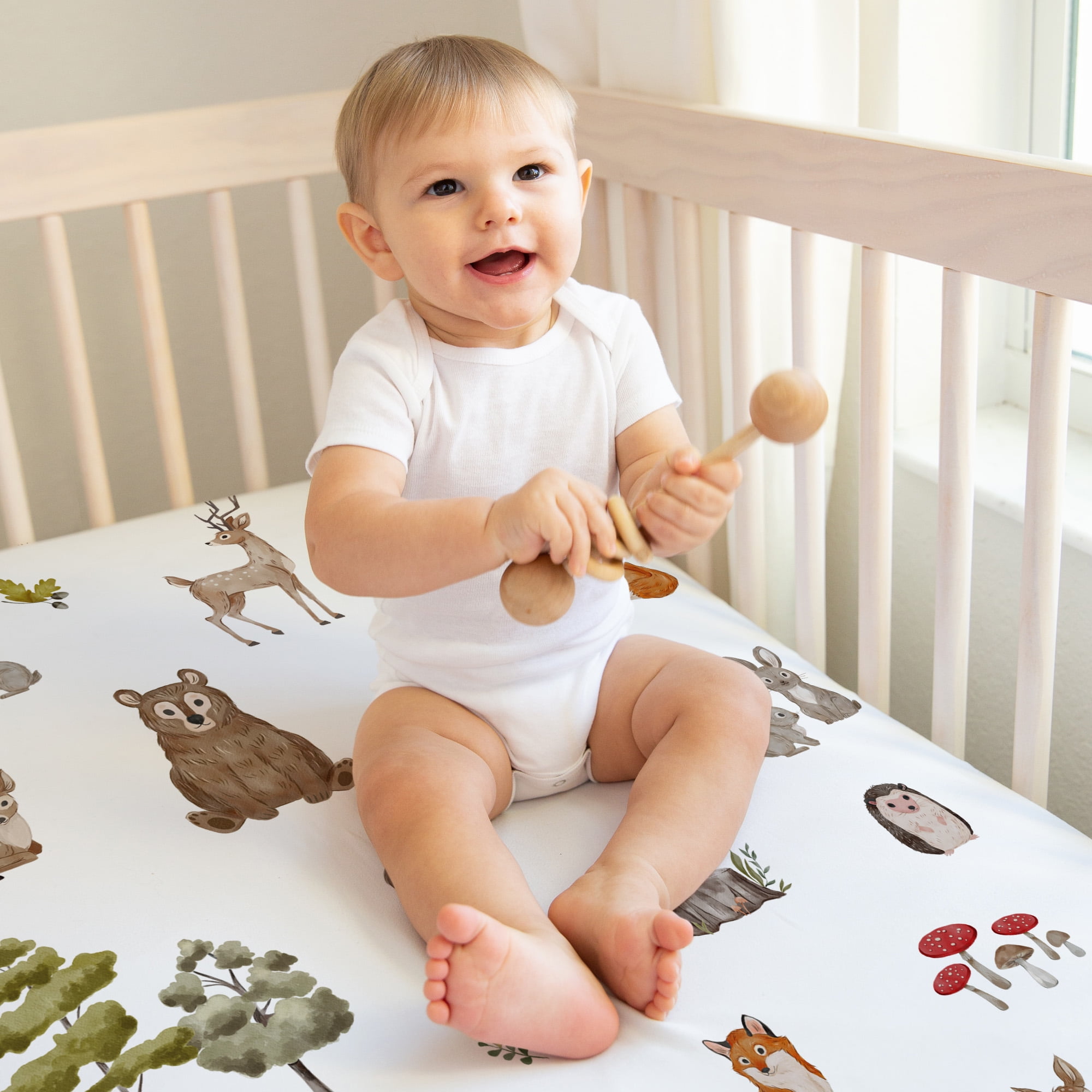 Sweet Jojo Designs Watercolor Woodland Forest Animals Green Brown White Fitted Crib Sheets 2 Piece Set