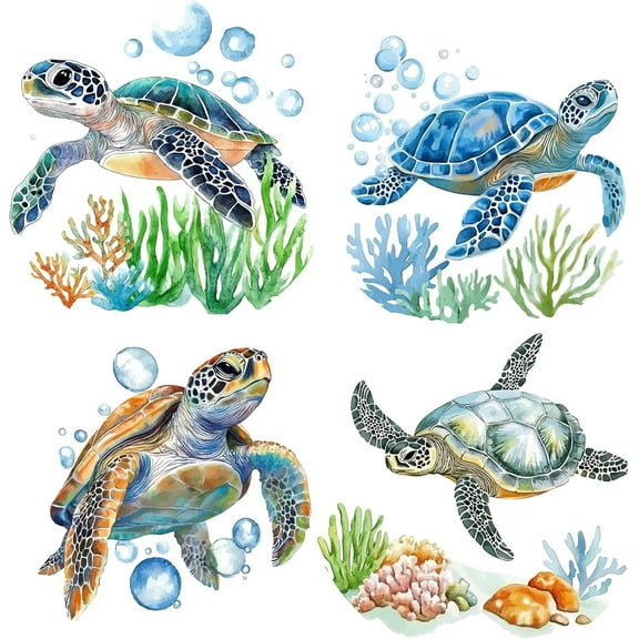 4Pcs 6.3 Inch Sea Turtle Window Decal Decoration Seaweed Ocean Animal Marine Life Summer Beach Removable PVC Anti-Collision Alert Cling Window Sticker for Home Glass Door Party Supplies