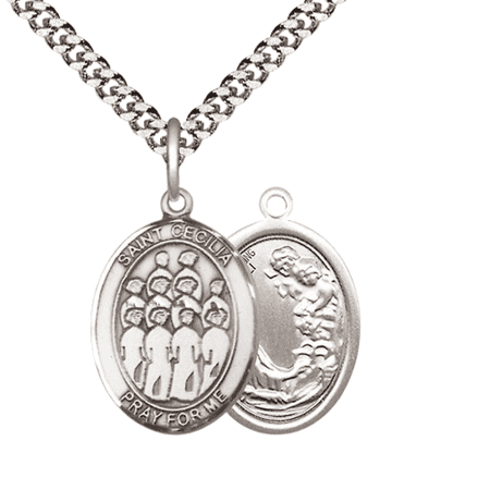 .925 Sterling Silver Saint Cecilia Choir Medal Pendant on 24 Inch Endless Rhodium Plated Heavy Curb Brass Chain, Catholic Religious Necklace -Made in USA- Deluxe Velvet Gift Box