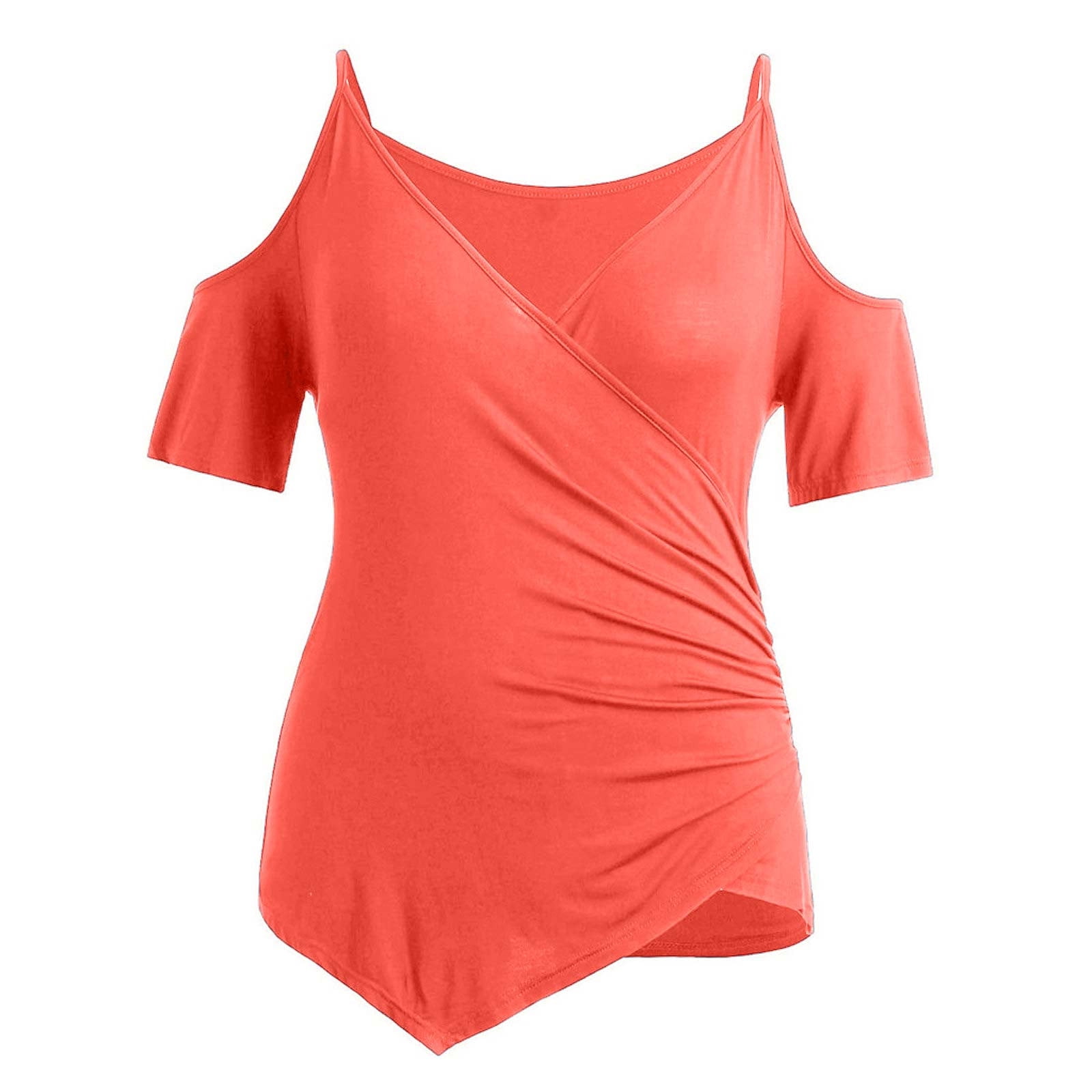 RYDCOT Fashion Womens Plus Size Cutout Asymmetric Cold Shoulder T-shirt  V-Neck Tops Pink XXXXXL