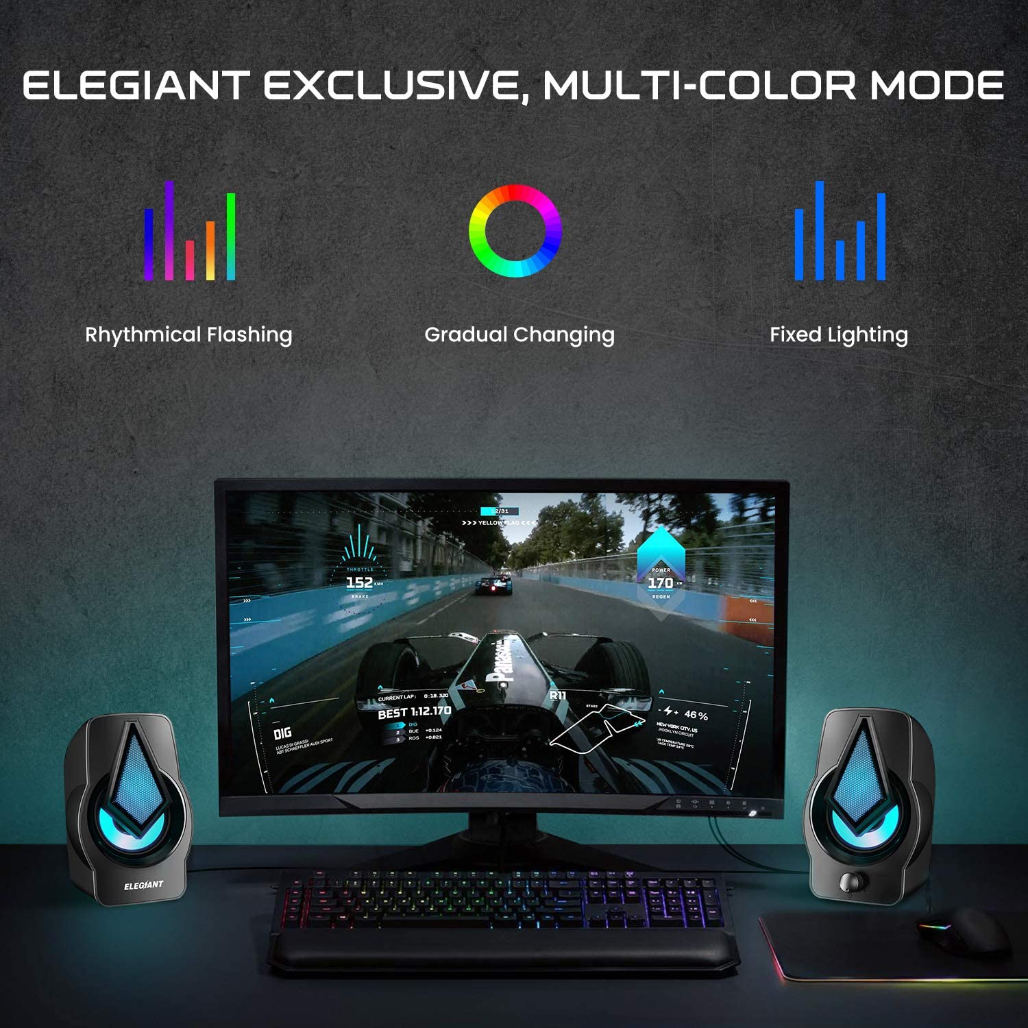 Computer Gaming Speakers, ELEGIANT 10W LED PC Speakers with RGB Multi-Light Rhythm Modes, Easy-Access Volume Control, 2.0 Stereo USB Speakers for PC/Laptops/Desktops/Phone/Ipad - image 3 of 7