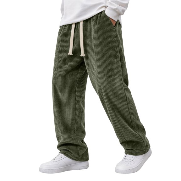 Mens Corduroy Straight Leg Pants Drawstring Elastic Waist Loose Casual Solid Color Sweatpants Autumn Winter Leisure Trousers with Pocket Army Green XXL