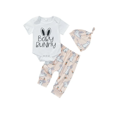 

jaweiw Infant Baby Unisex 3 PCS Summer Rabbit Outfit Letter Short Sleeve Romper + Long Pants + Hats