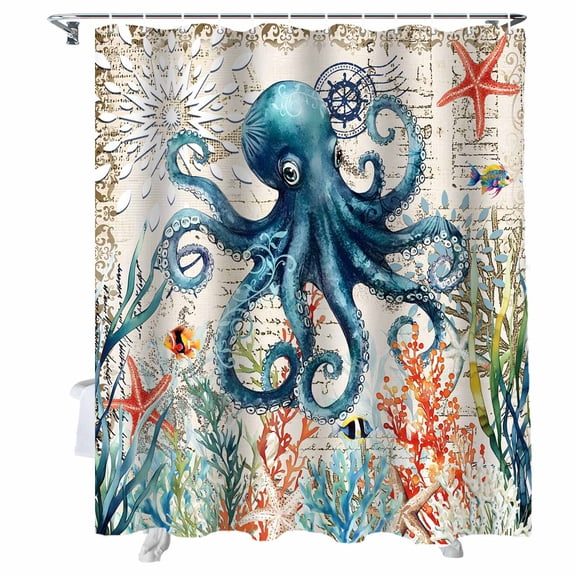 Shower Curtains Coastal Blue Octopus Coral Bath Curtain Vintage Starfish Seagrass Waterproof Bathroom Shower Curtain Set with Hooks Decoration 72 x 84 Inches