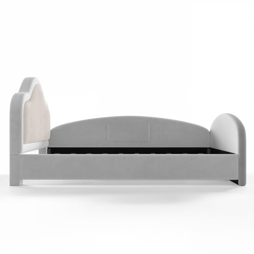 Full Size Upholstered Kids Floor Bed with Curved Headboard, Safety Side Rails & Storage Pocket, Low Profile Playhouse Bed, Light Gray